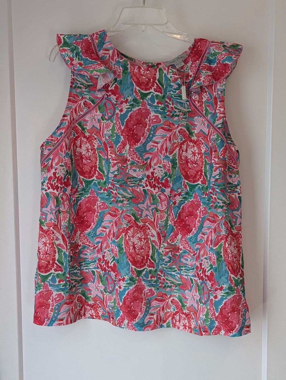 Charlie Paige Ladies XL Pink Turtles Green Blue Blouse Top Ruffles Preppy Beachy